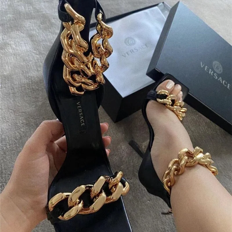 New Fashion Chain High Heel Sandals Women Square Open Toe Rome Sandlas Sexy Party Shoes Plus Size Woman  Zip Peep Toe