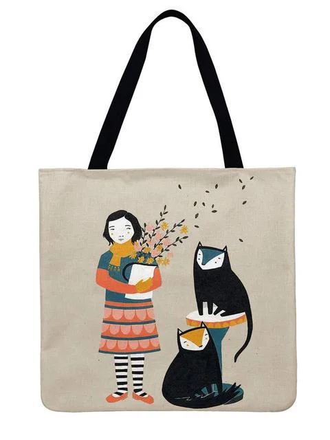 Linen Eco-friendly Tote Bag - Girls And Cat Cartoon