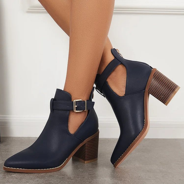 Cutout Chunky Stacked Heel Ankle Boots Buckle Straps Western Booties
