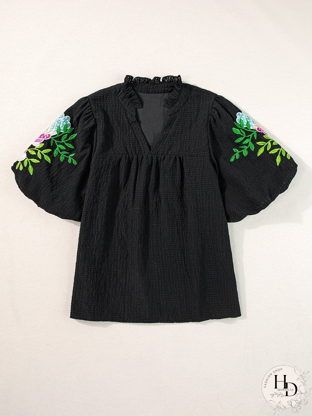 Elegant Black Floral Embroidered V-Neck Puff Sleeve Blouse