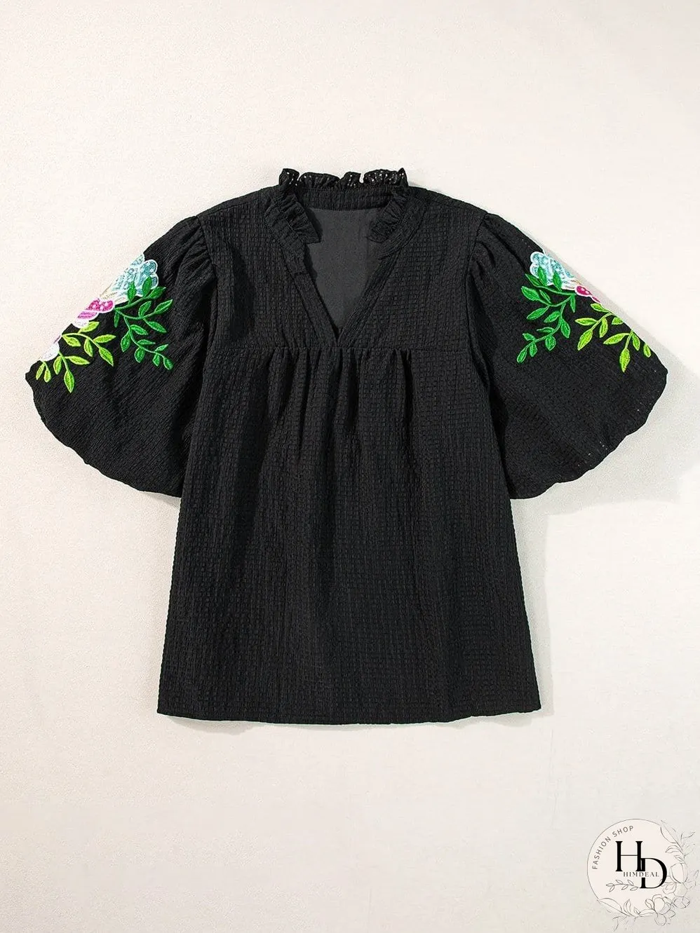 Elegant Black Floral Embroidered V-Neck Puff Sleeve Blouse