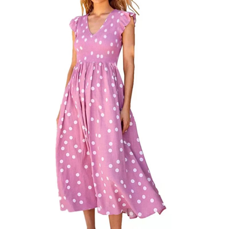 V-Neck Waistband Large Skirt Wave Dot Print Dress For Women