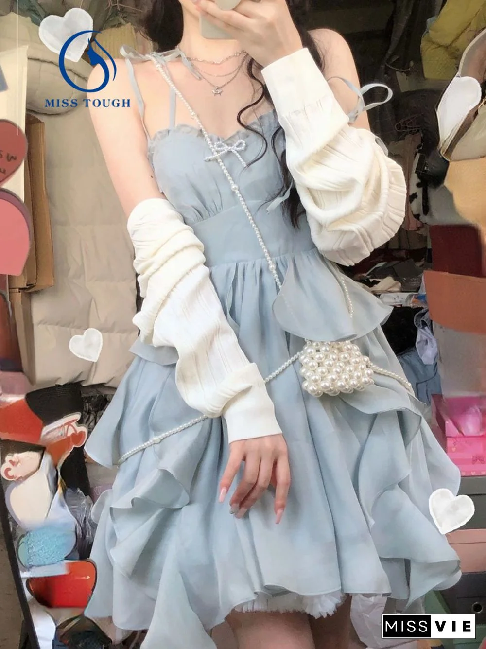Blue Strap Mini Dress Women Korea Clothing Fashion Suits Casual 2 Piece Dress Set Female Kawaill Elegant Party Dress Summer