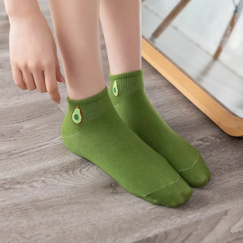Women Solid Avocado Socks Casual Joker Cotton Short Socks Ladies Fruit Print Concise Korean College Style Breathable Sox Trendy