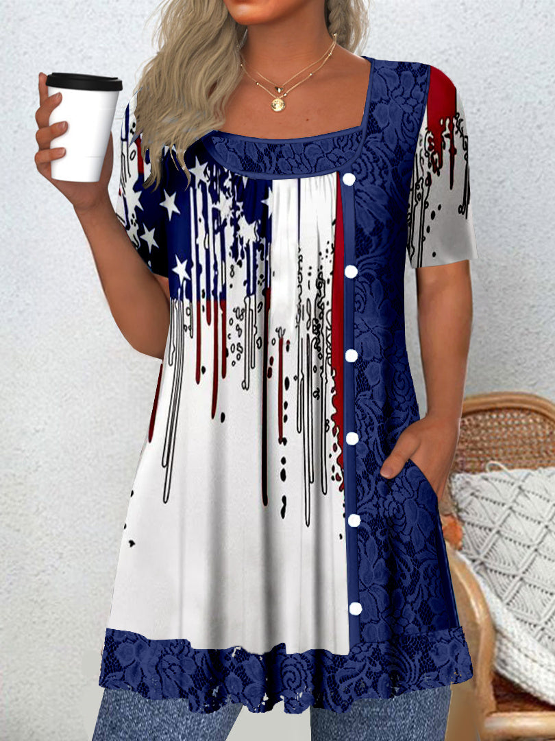 Women's Short Sleeve Scoop Neck Graphic Lace Star Printed Tops