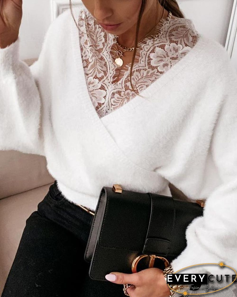 Stitching Lace Solid Color Long Sleeve Top P15487