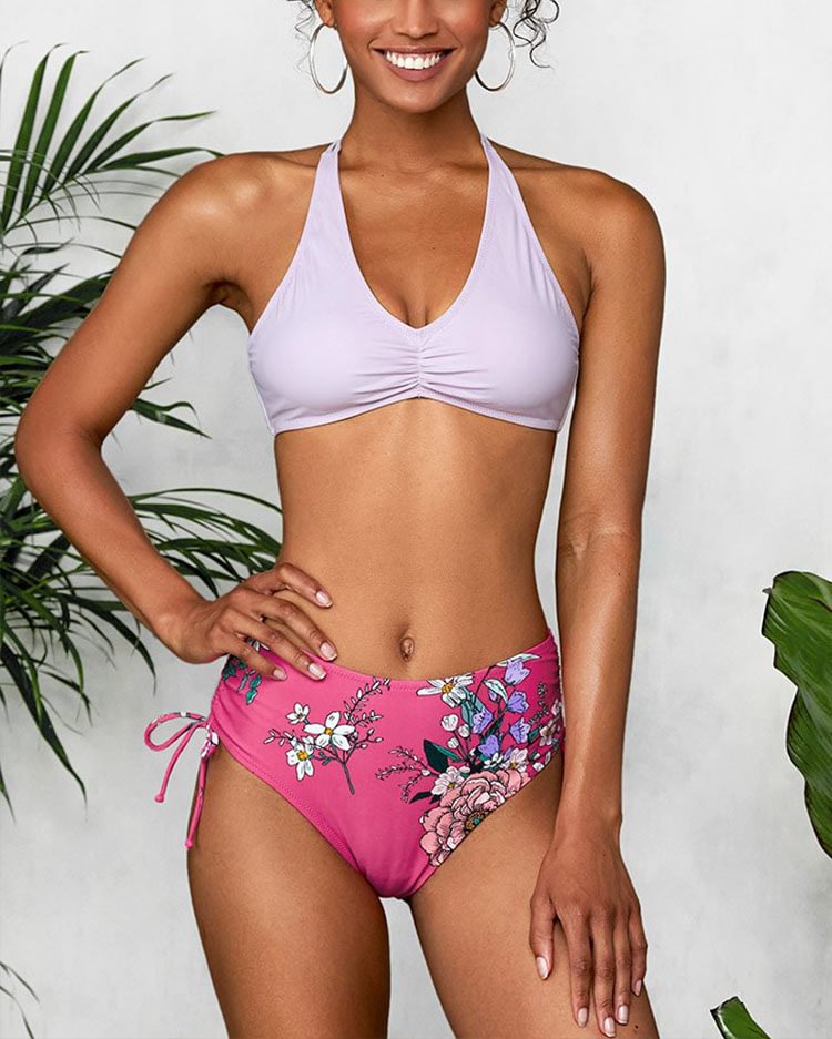 Light Purple And Floral Braided Back Bikini