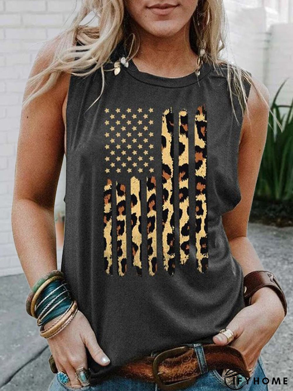 Graphic Sleeveless  Printed  Cotton-blend  Crew Neck  Casual  Summer  Black Top | IFYHOME