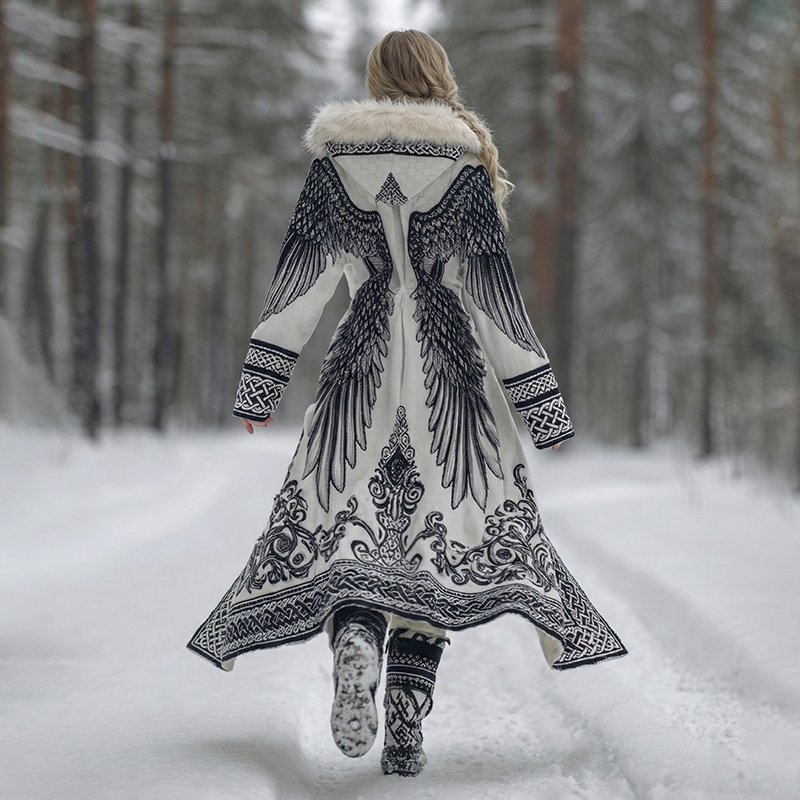 Women's Vintage Viking Celtic Wing Art Knit Cozy Fur Collar Hooded Cardigan elevenforest