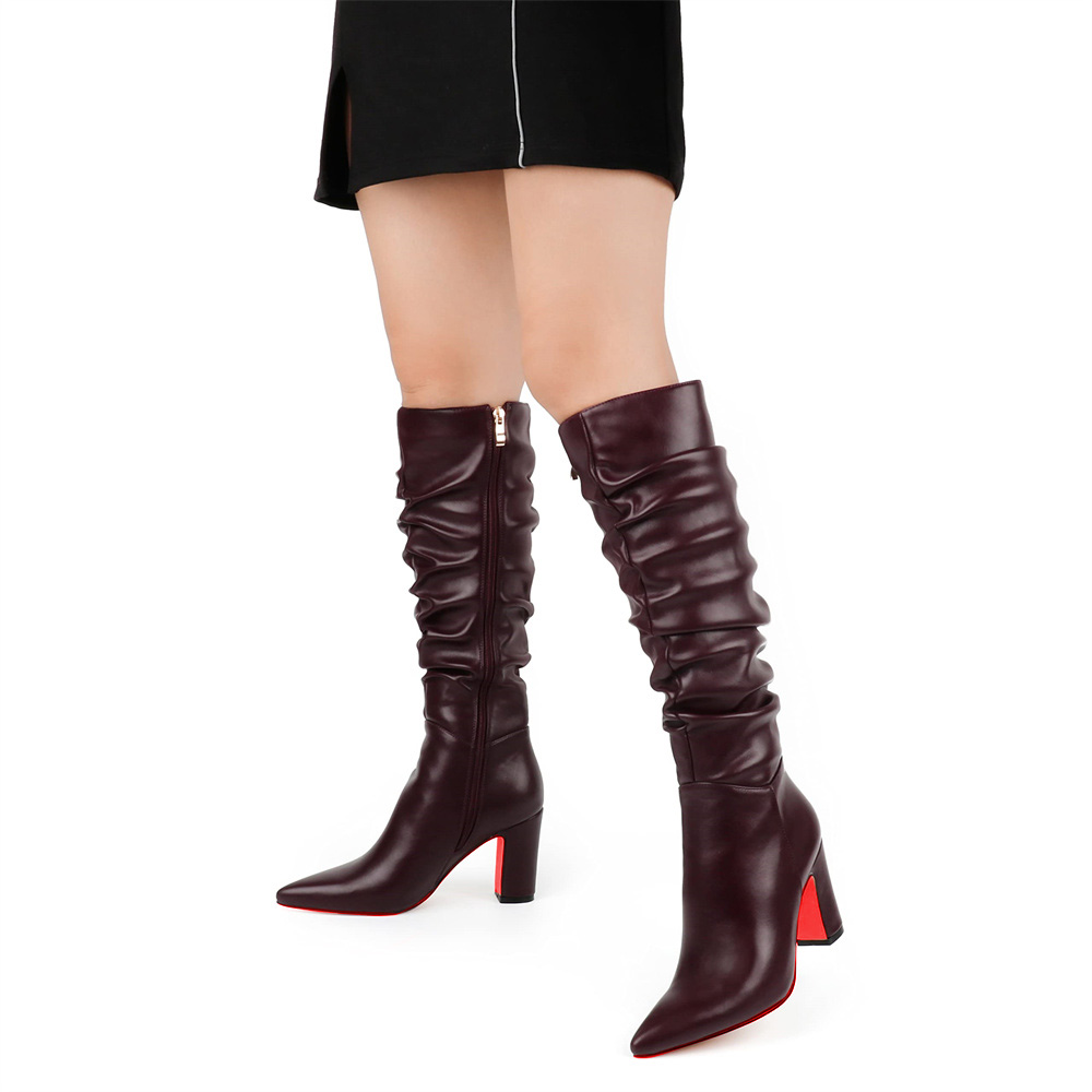 3.35"/8.5cm Women's Knee Red Bottom Boots Chunky Heels Zipper Fashion Sexy Matte Slouchy Boot-MERUMOTE