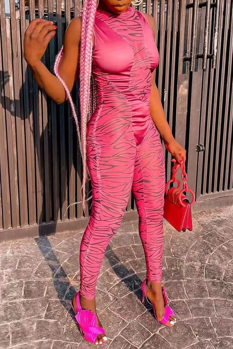Pink Street Print Patchwork Half A Turtleneck Regular Jumpsuits | EGEMISS