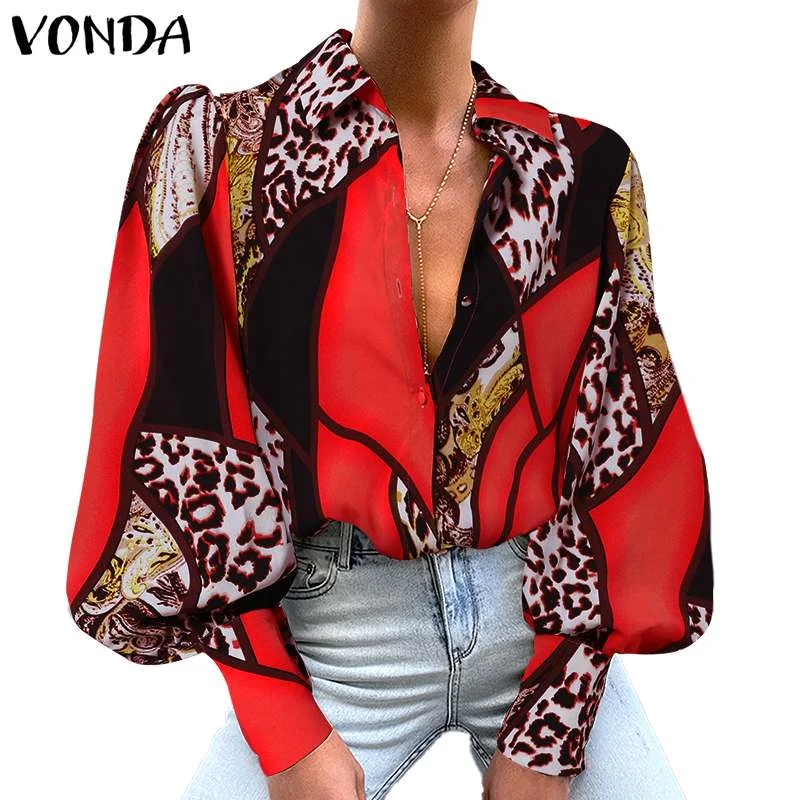 Printed Blouse Women Casual Long Sleeve Shirts 2022 VONDA Vintage Lapel Collar Casual Tops Beach Holiday Blouse Blusas Femininas