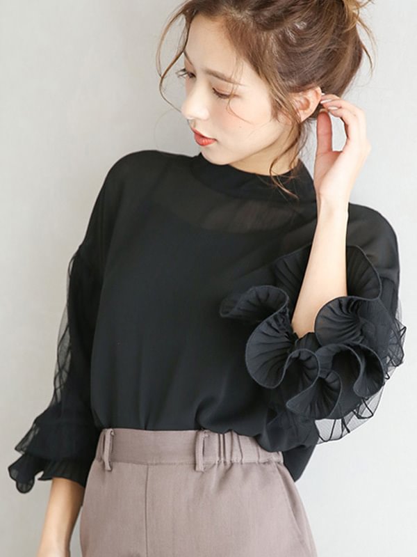 Simple Solid Color Puff Sleeve Mesh Splicing Chiffon Shirt