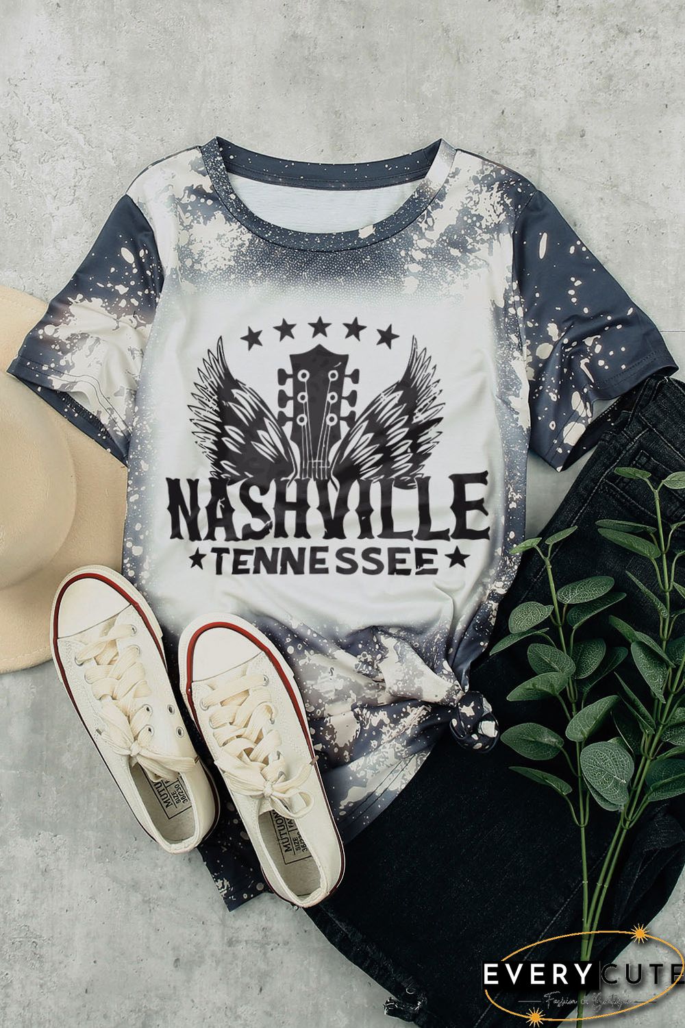 Multicolor Bleached Round Neck Short Sleeve T-shirt