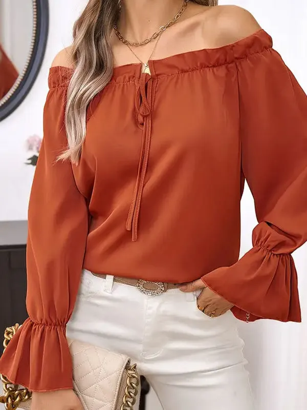 Flared Sleeves Long Sleeves Drawstring Elasticity Pleated Solid Color Off-the-shoulder Blouses&shirts Tops