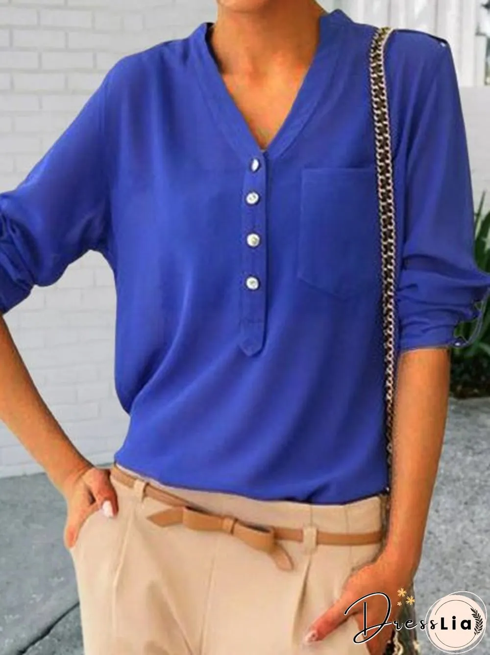 Plain Pockets V Neck Long Sleeve Plus Size Casual Shirts Tops