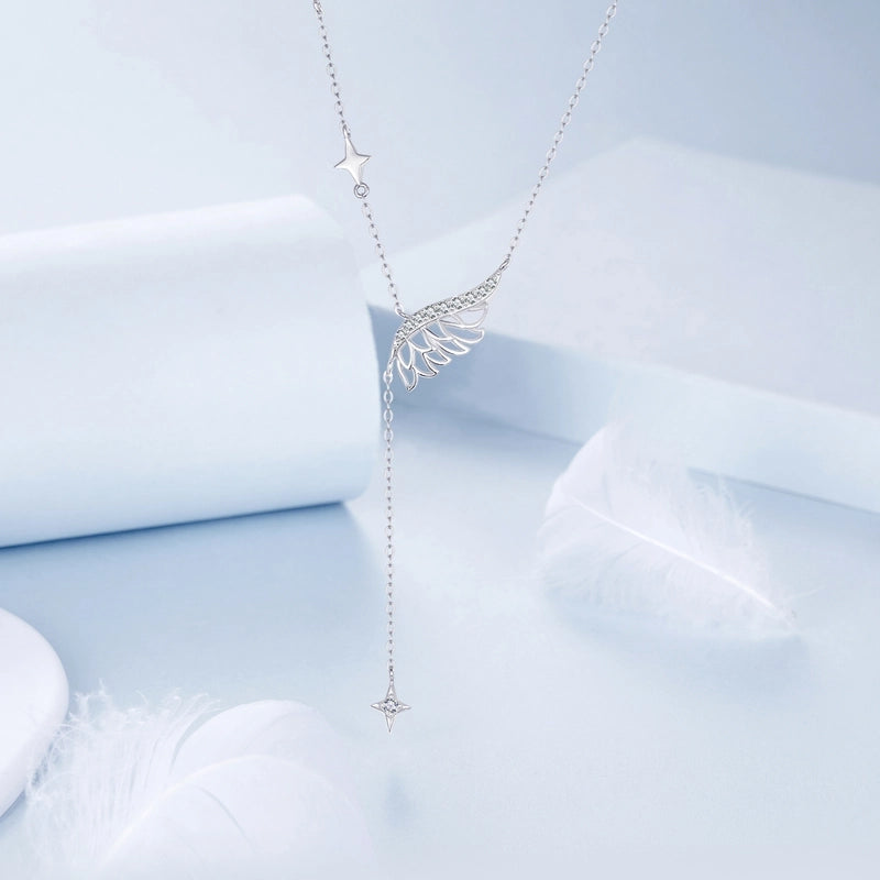 925 Sterling Silver Zircon Cable Chain Plating Feather Pendant Necklace