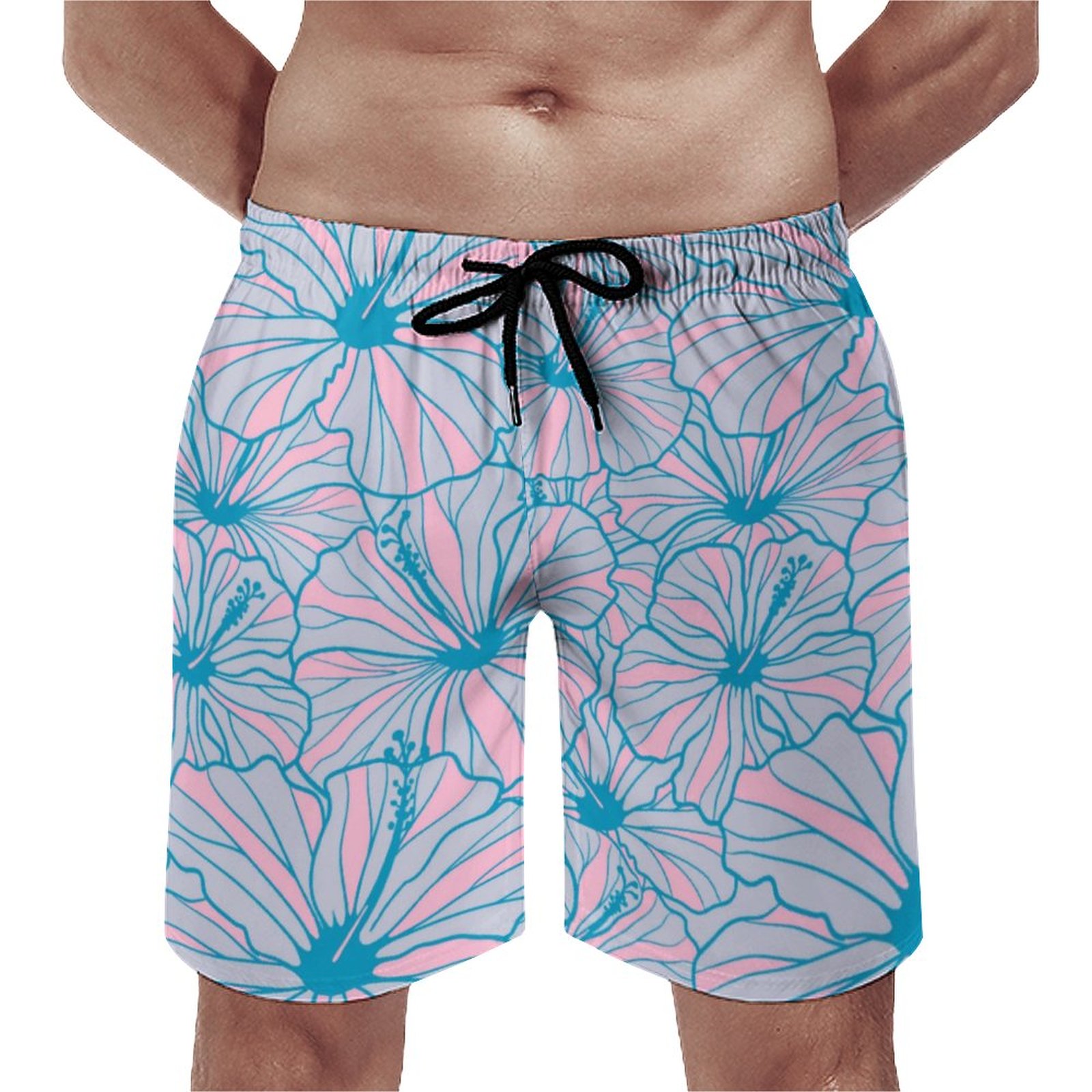 Elegant Tropical Blue Floral Hibiscus Pattern Elegant Men's Swim Trunks Summer Board Shorts Quick Dry Beach Short with Pockets