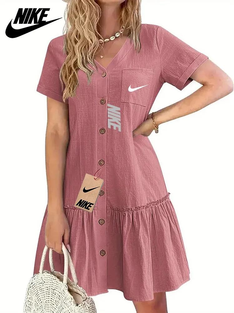 Női nyári egysoros ruha 2025, lezser, bő, zsebekkel, fodros és szegélyes NIKE®