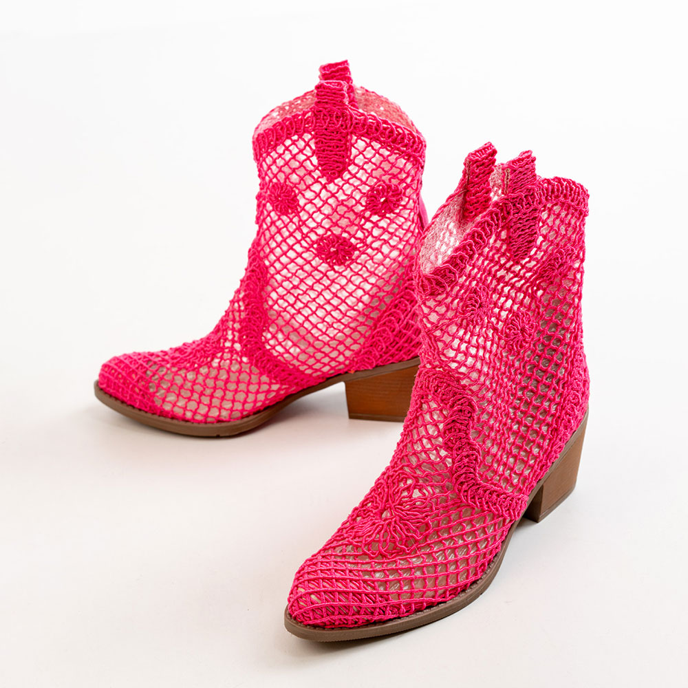 Pink Fishnet Pointed Toe Block Heel Hollow-Out Cowboy Boots for Women Nicepairs