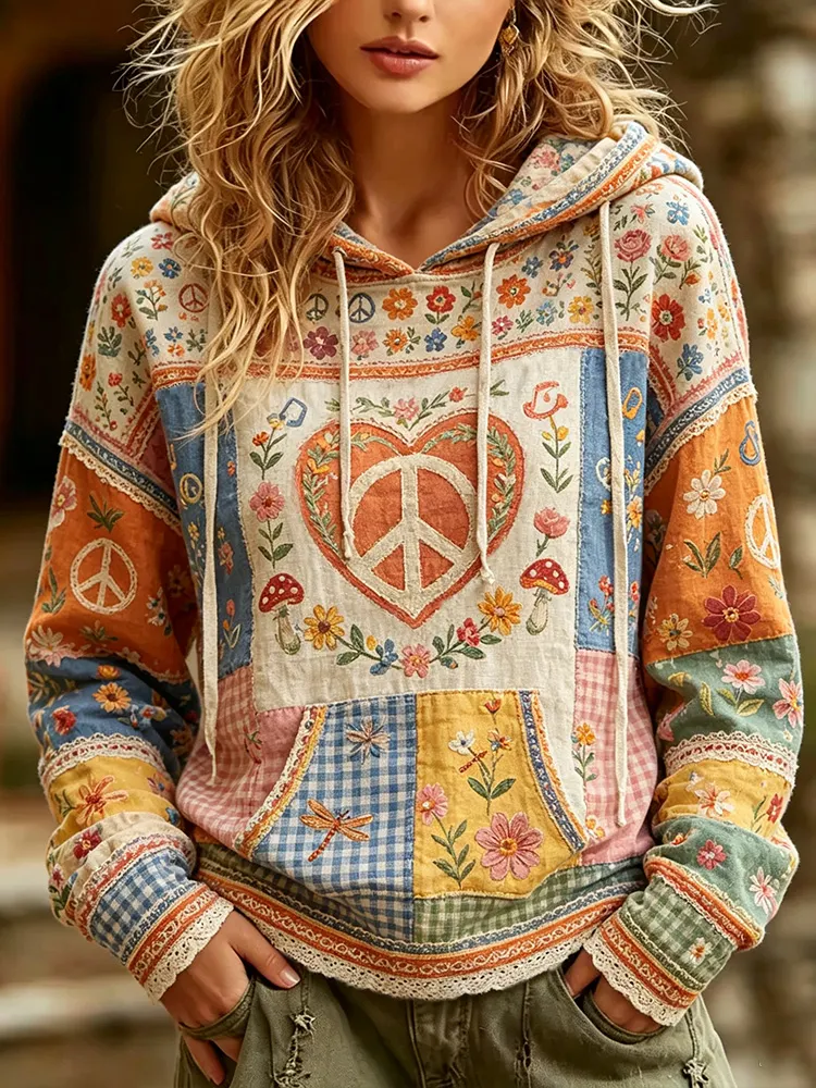 Comstylish Women's Vintage Floral And Peace Symbol Art Print Hoodie