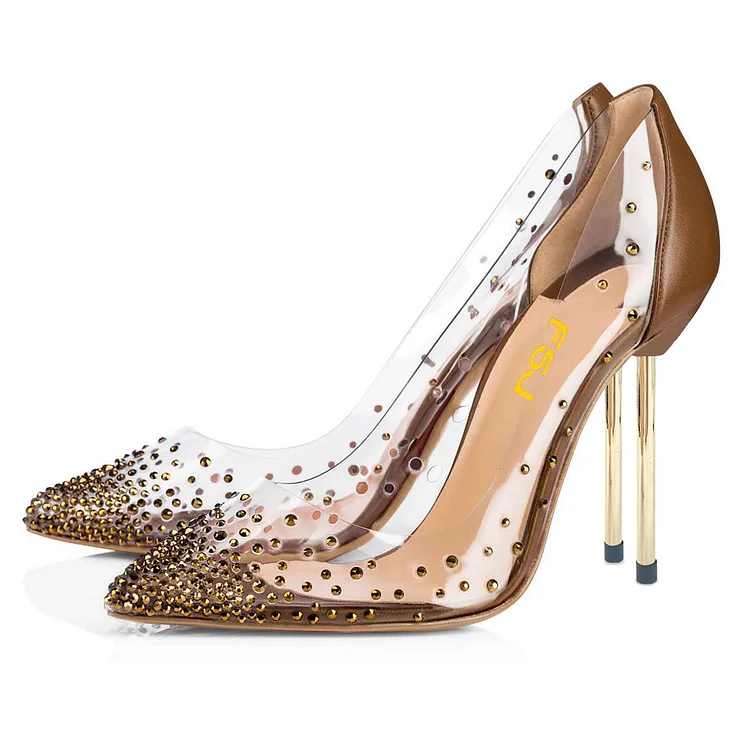 Brown Rhinestone Barely There Pumps Shoes Pointed Toe Clear Heels |FSJ Shoes