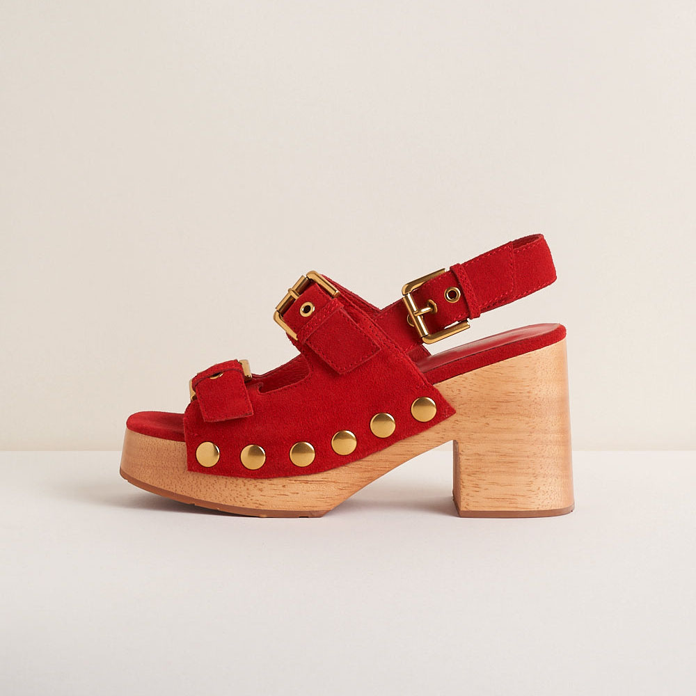 Red Faux Suede Open Toe Chunky Heel Buckled Platform Sandals Nicepairs