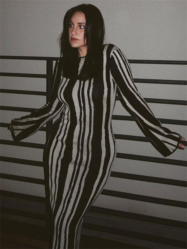 Ootddress Knit Striped Wrap Dress For Women Fashion Contrast High Street Slim Fashion Long Dress Pullover Knitwear High Waist Dress