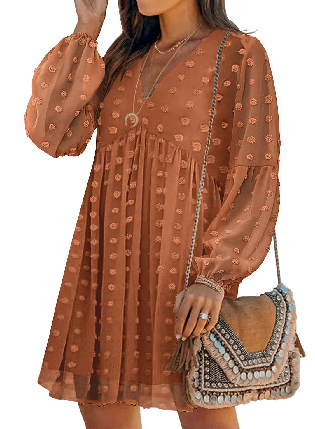 MIHOLL Women's V Neck Short Sleeve Ruffle Loose Summer Flowy Mini Dress