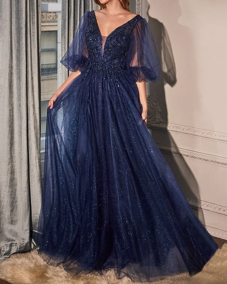 sequined tulle puff sleeve maxi dress gown