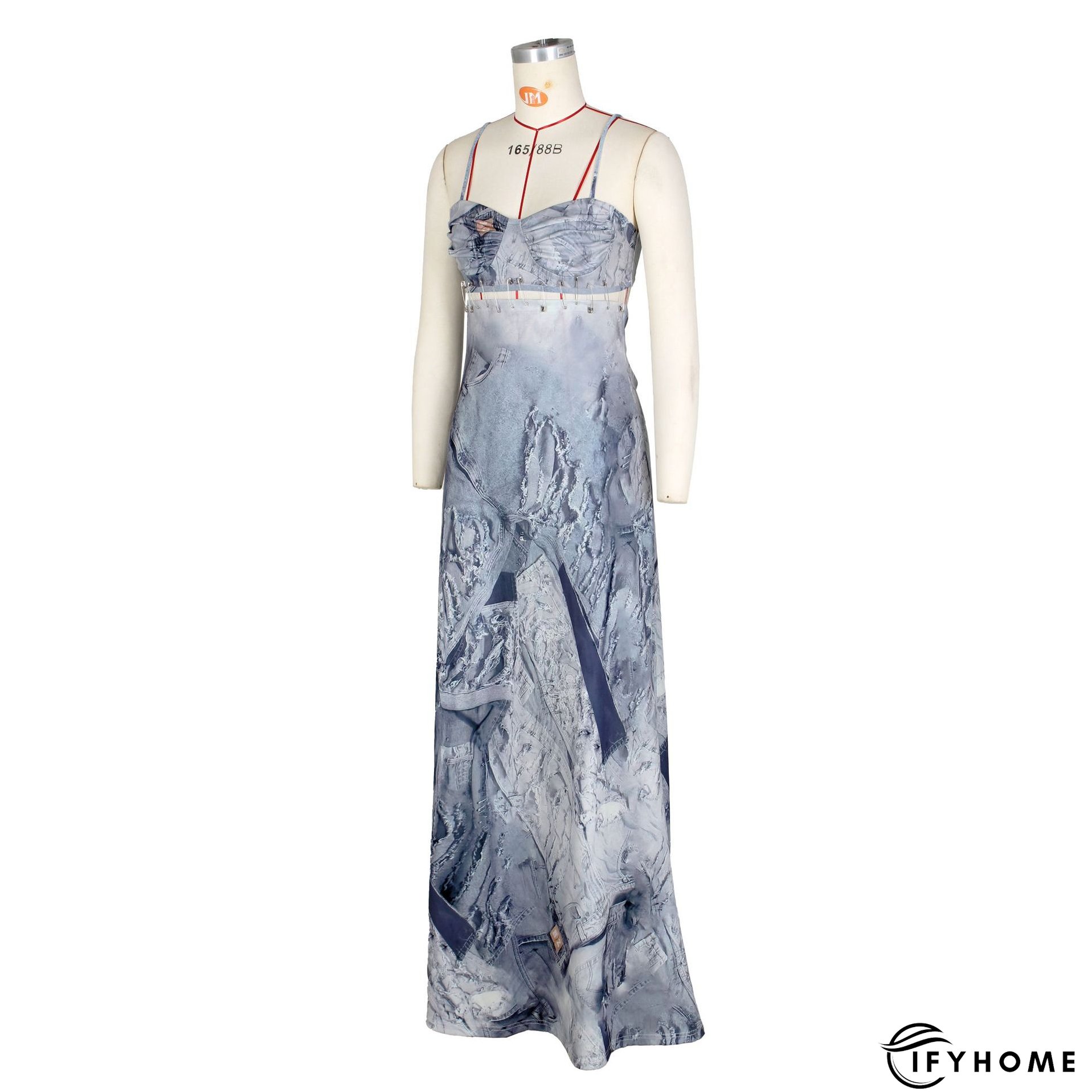 Sexy Ladies Denim Print Pin Embellished Backless Slip Maxi Dress | IFYHOME