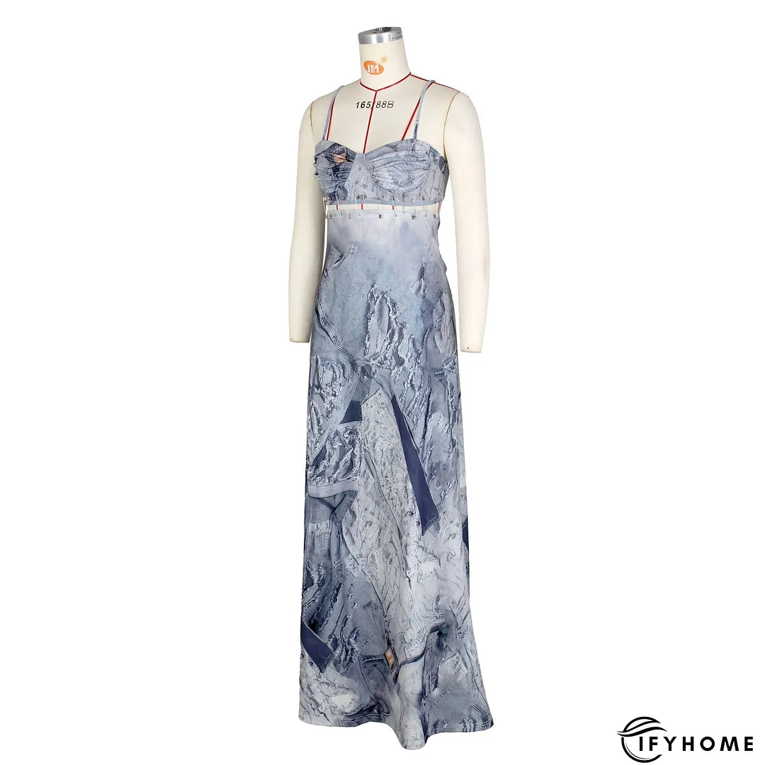 Sexy Ladies Denim Print Pin Embellished Backless Slip Maxi Dress | IFYHOME