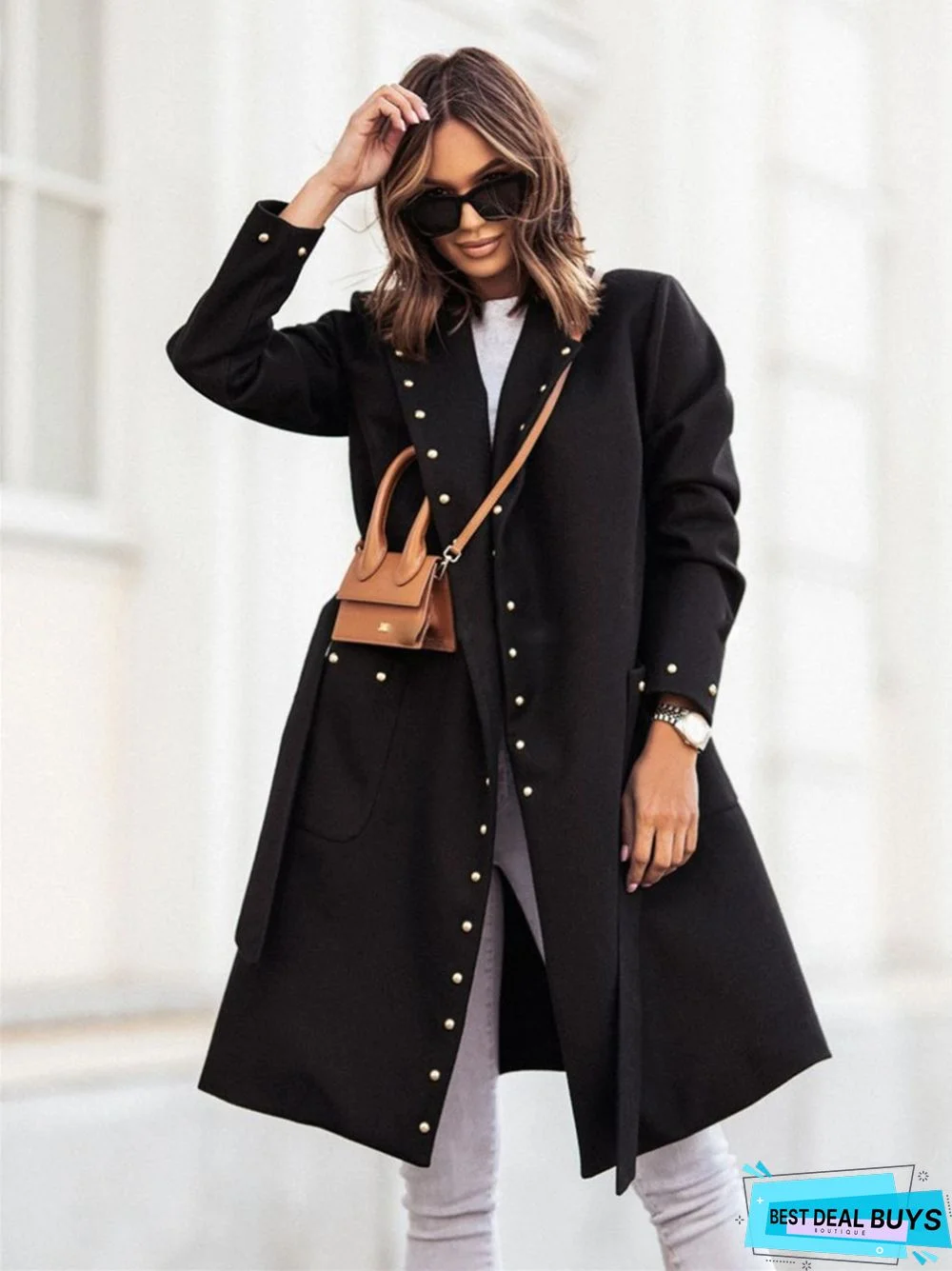 Simple Double Row Button Rivet Long Sleeve Lapel Button Woolen Coat