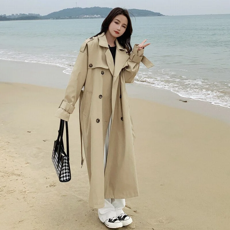 Fashion New Loose Oversize Long Trench Coat Women Double-Breasted with Belt Khaki Duster Coat for Lady Spring Autumn Outerwear