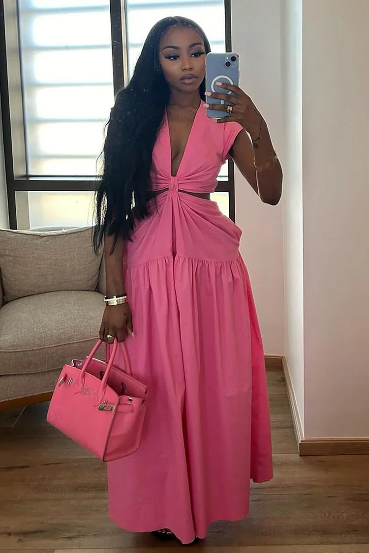 Deep V Neck Cap Sleeve Cutout Ruched Solid Color Maxi Dresses-Pink