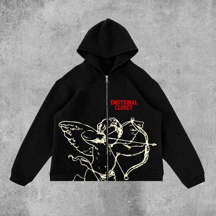 Personalized Emotional Angel Graphics Puff Print Zipper Up Hoodies