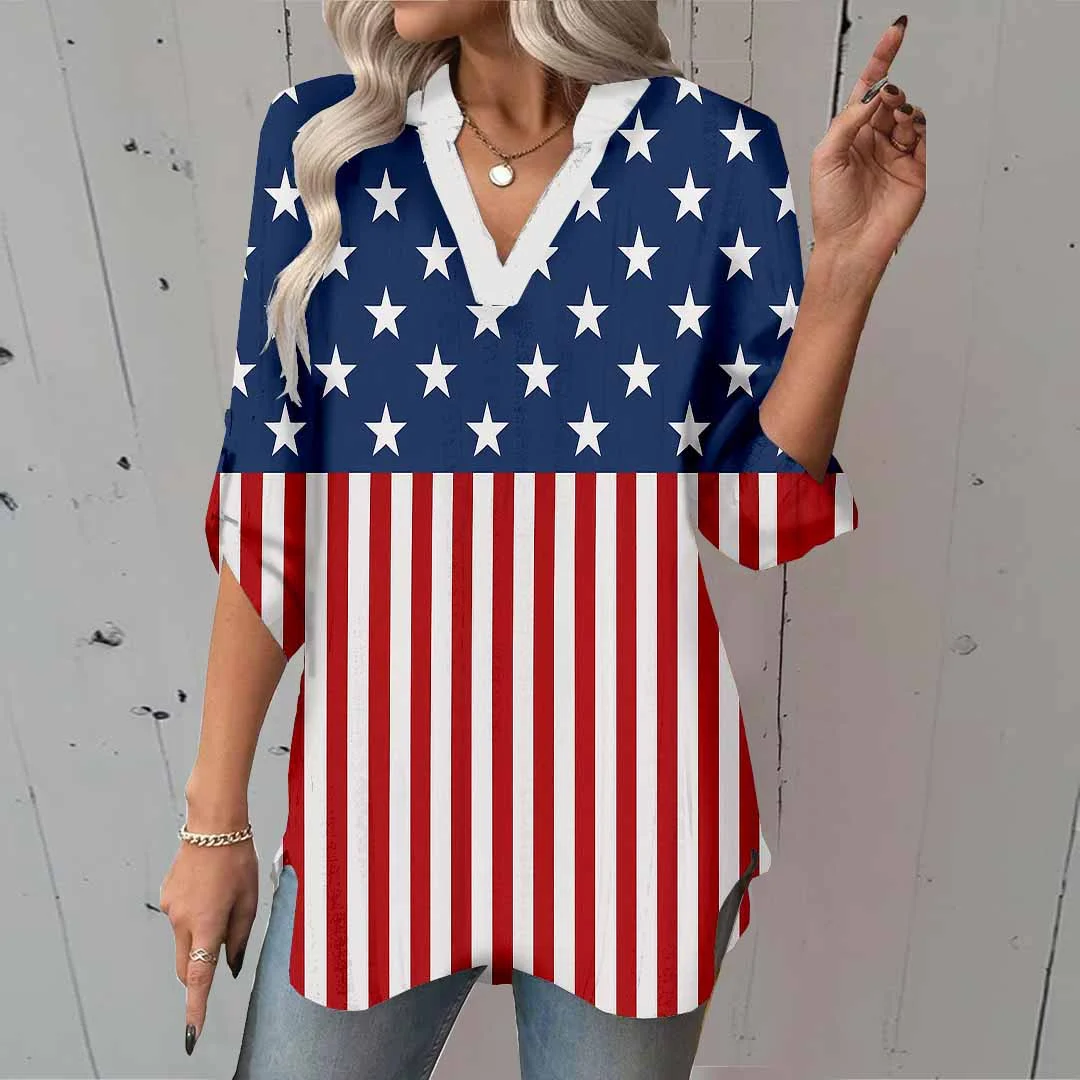 Women  Independence Day, Star, Striped, Blue, Red DZGA0248 3/4 Sleeve V-neck Printed Graphic Button Tops