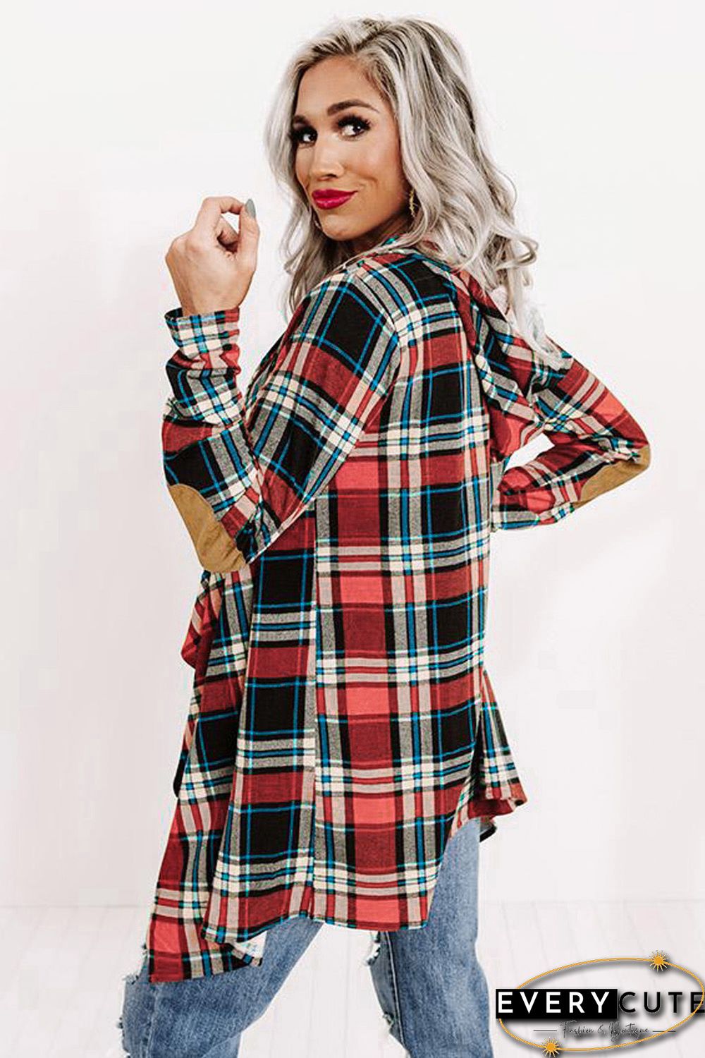 Suede Elbow Patch Hooded Plaid Cardigan