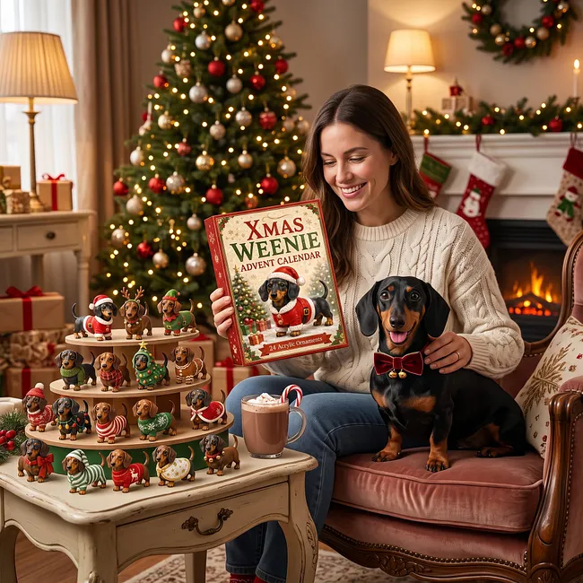 Dachshund owner enjoying the Christmas advent calendar