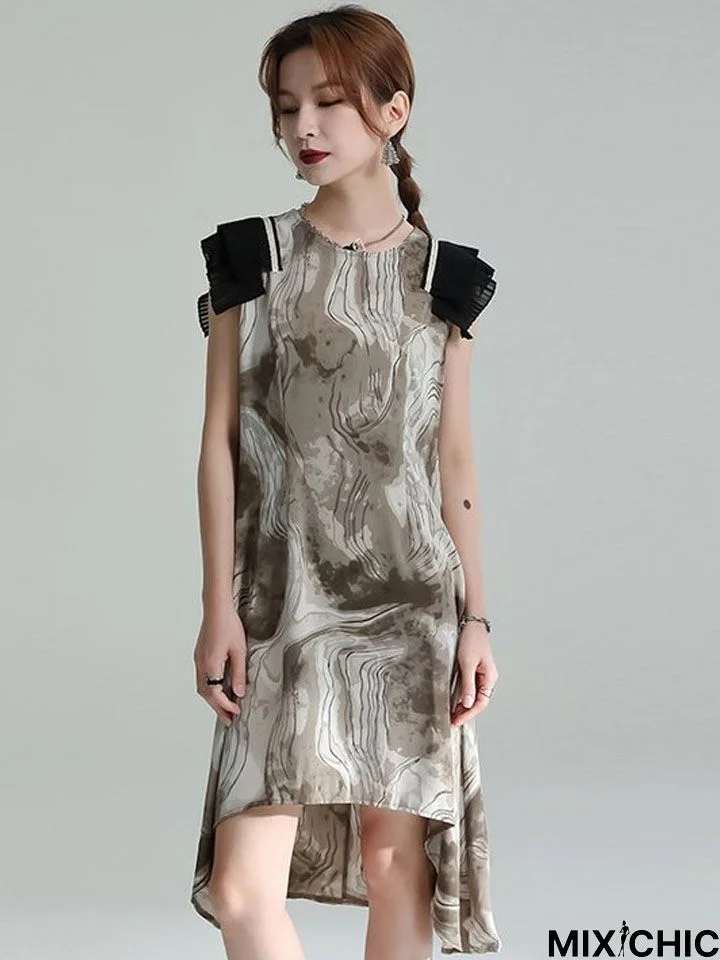 Fashionable Simple Tea Break Dress Pleated Print Irregular Dress