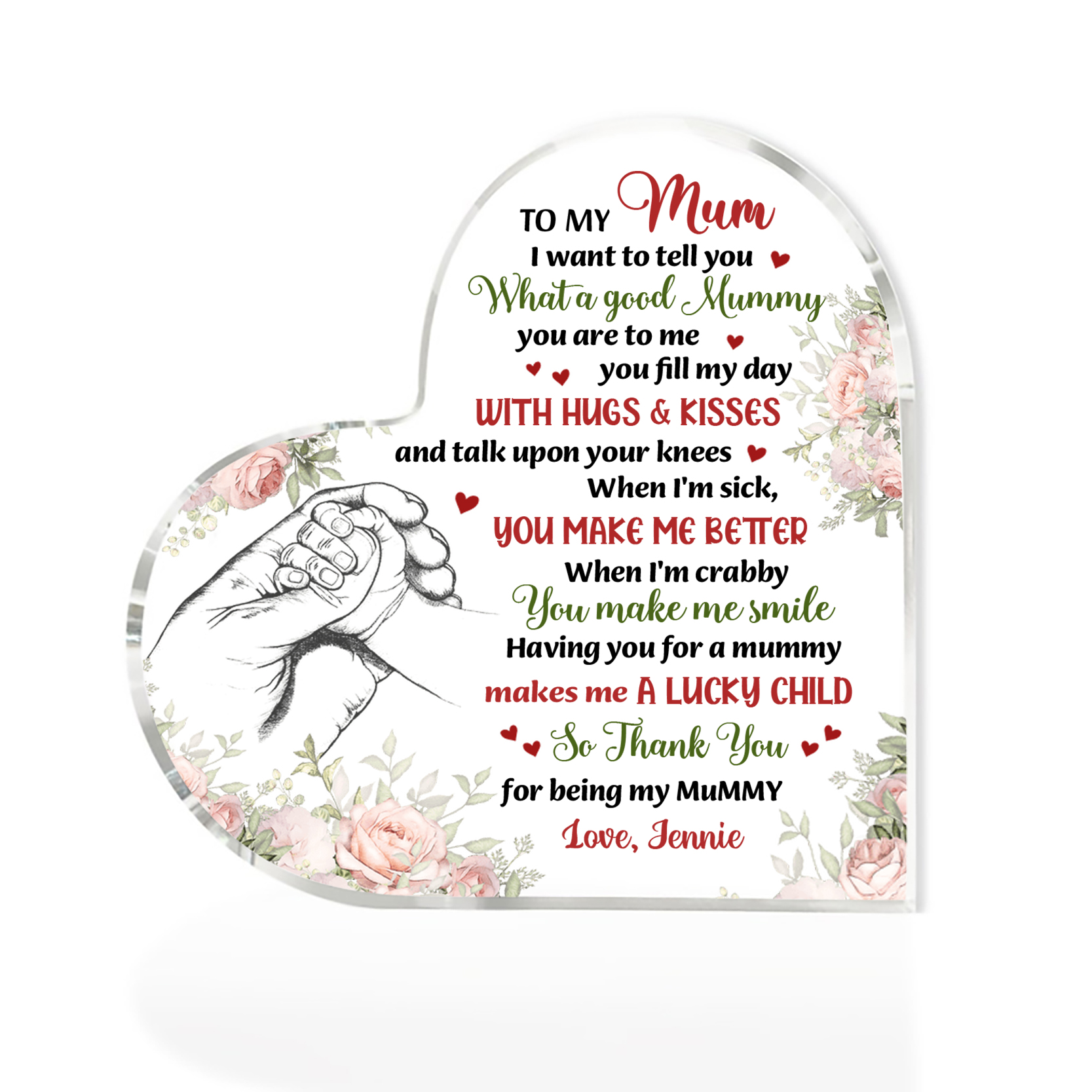 To My Mum/Mom Personalised Name Acrylic Heart Keepsake Holding Hands Ornaments -  I Want to Tell You What a Good Mummy You Are to Me-Jessemade AU