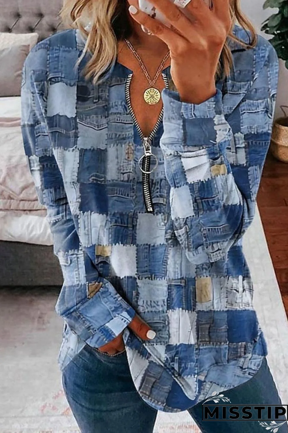 Blue Casual Print Patchwork Zipper Collar Tops