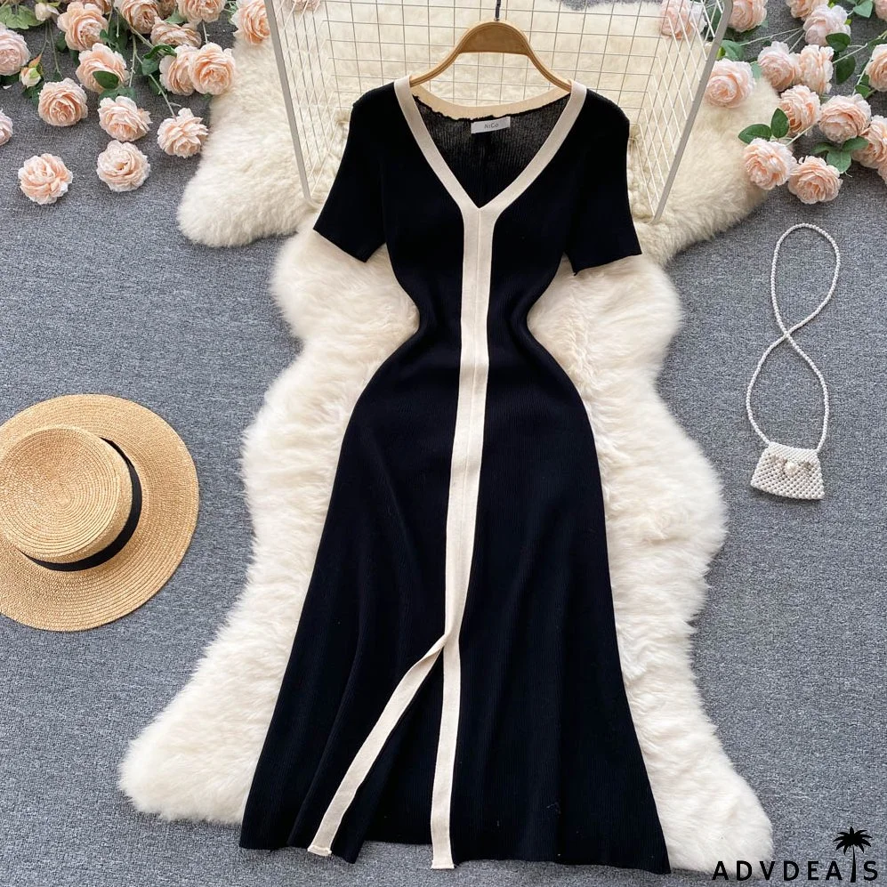 Summer Contrast V-Neck Chic Slim Waist Slim Fit Short-Sleeved Knitting Dress