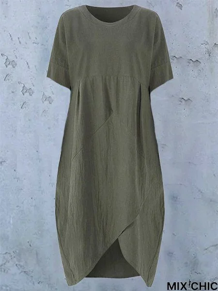 Short Sleeve Plain Crew Neck Weaving Dress