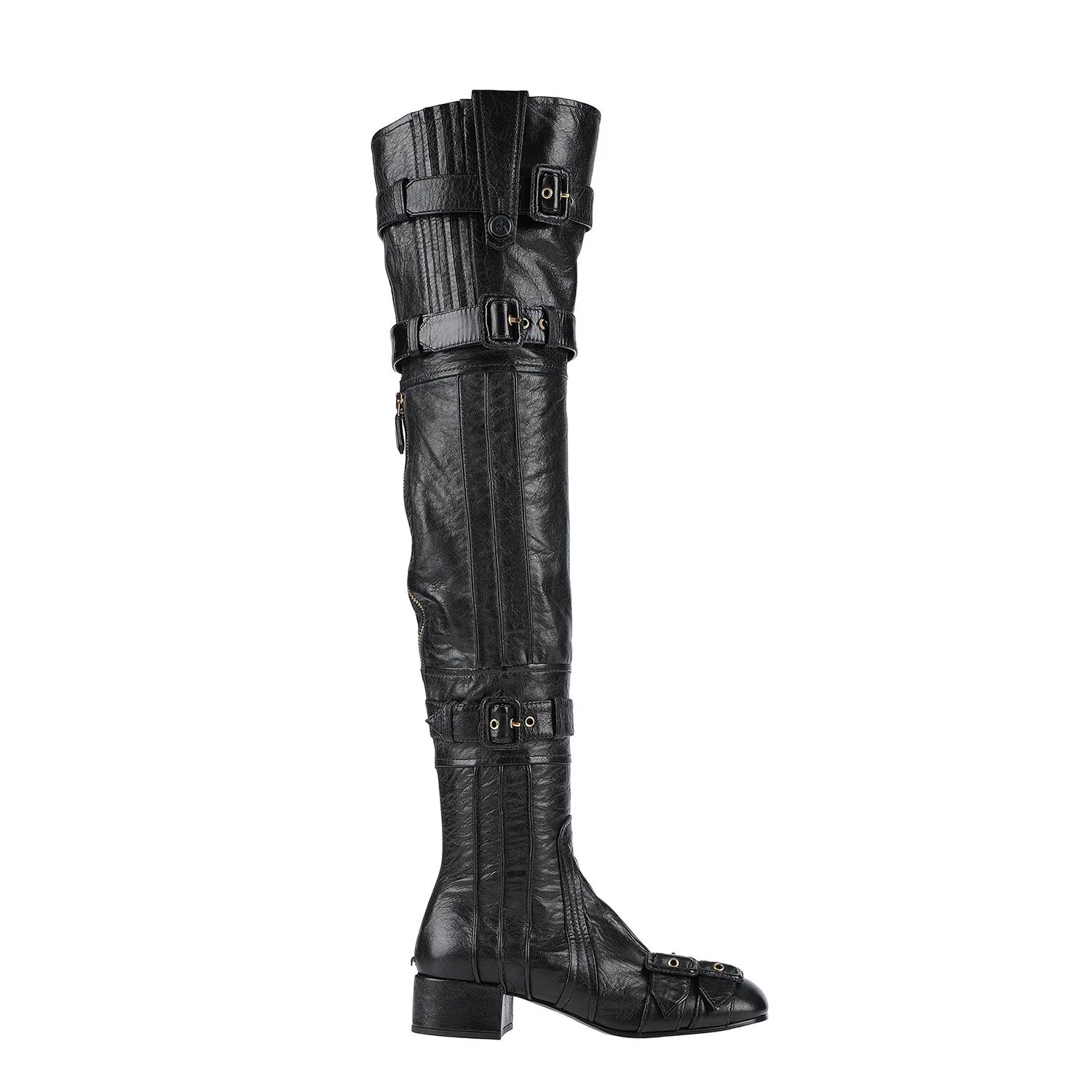 TAAFO Vintage Classic Belt Buckle Women's Knee High Boots Med Chunky Heels Round Toe Button Ladies Punk Patent Leather Shoes