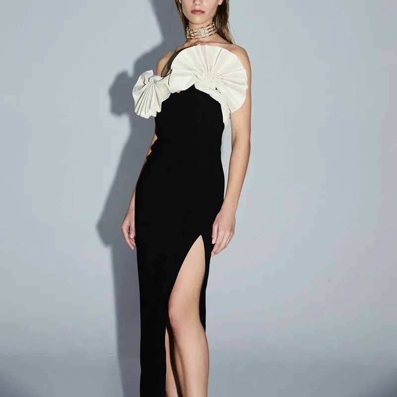 Brownm 2025 New Color Three-Dimensional Folding Fan Splicing Design High Open Fork Sexy Thoracic Dress Woman