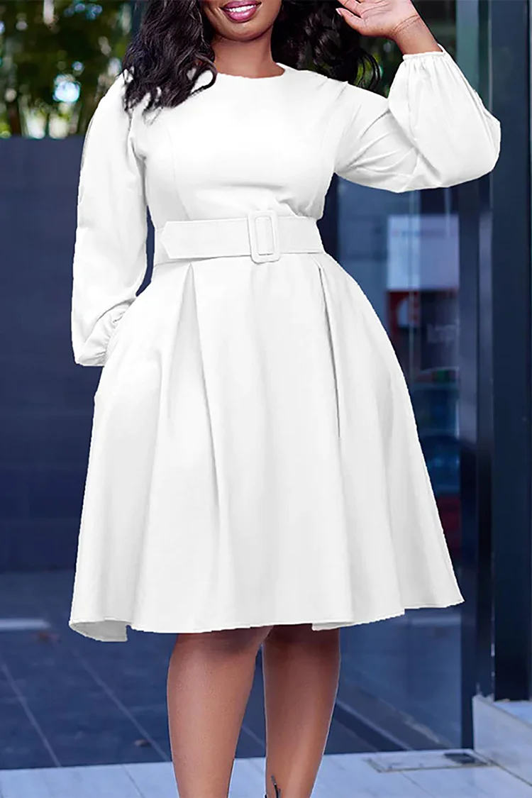 Plus Size Business Casual Dress White Long Sleeve Lantern Sleeve Midi Dress With Belt 