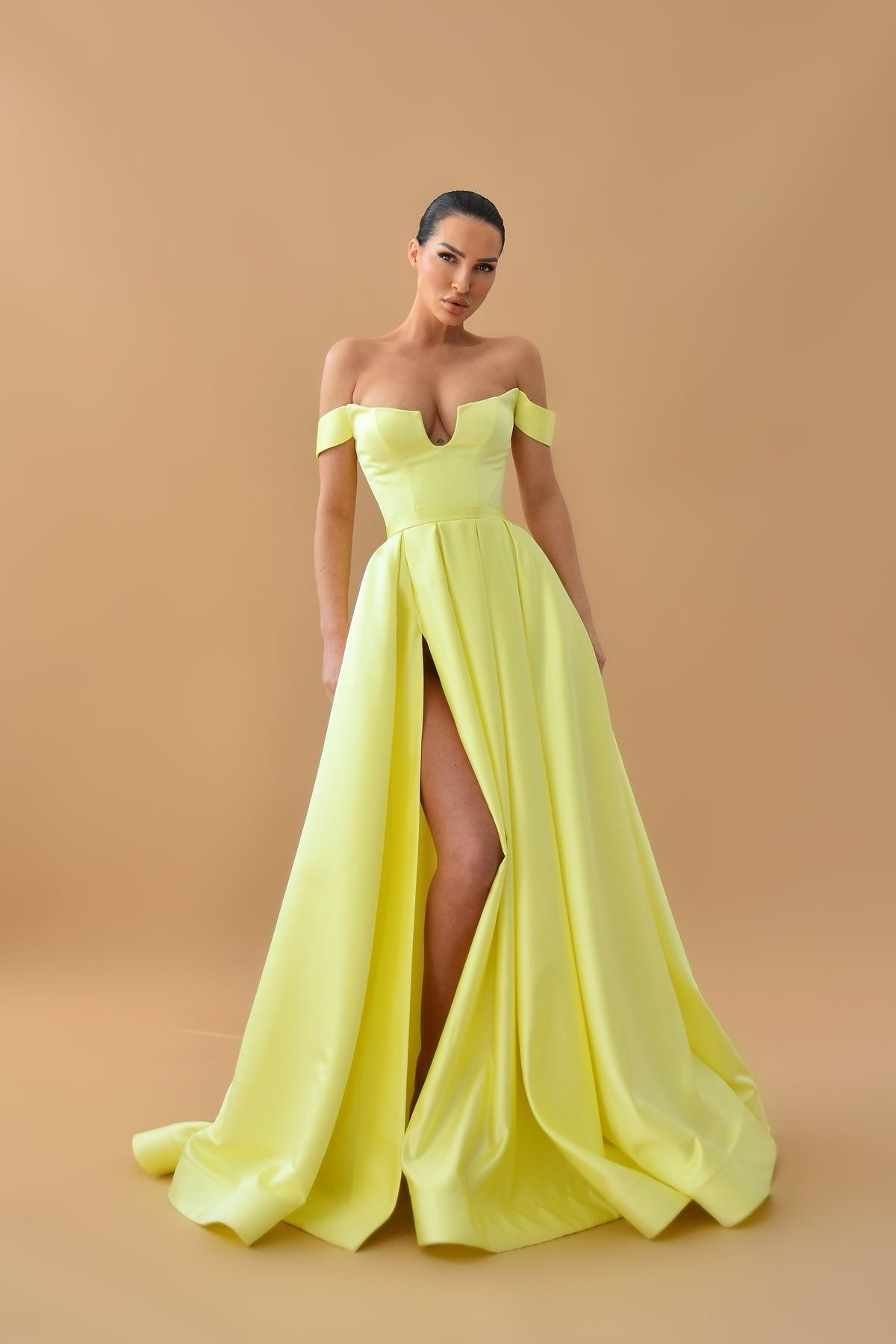 Dresseswow Daffodil Off-The-Shoulder Sweetheart A-line Prom Dress With Split