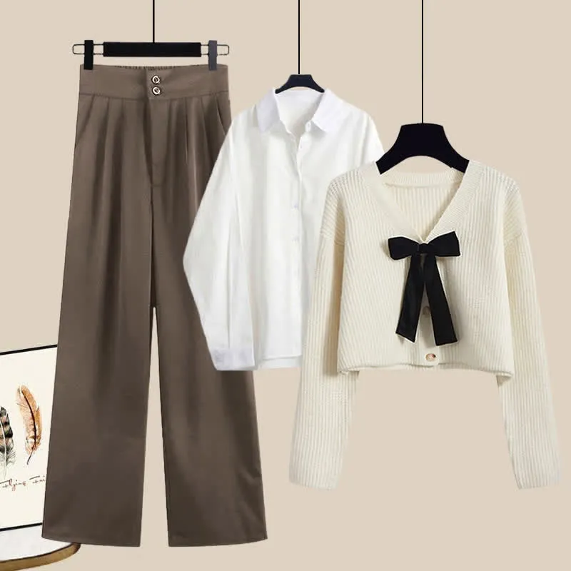 Bow Knot V-neck Cardigan Sweater Shirt Pants Three Pieces