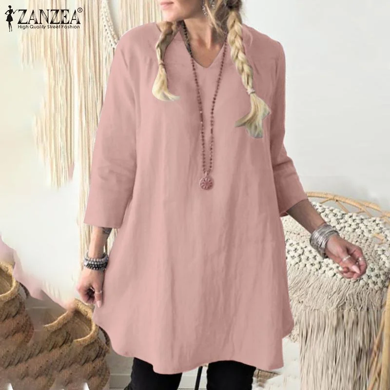 ZANZEA Women Elegant Blouse Summer V Neck 3/4 Sleeve Solid Tops Tunic Casual Cotton Linen Work Blusas Femininas Shirt Oversized
